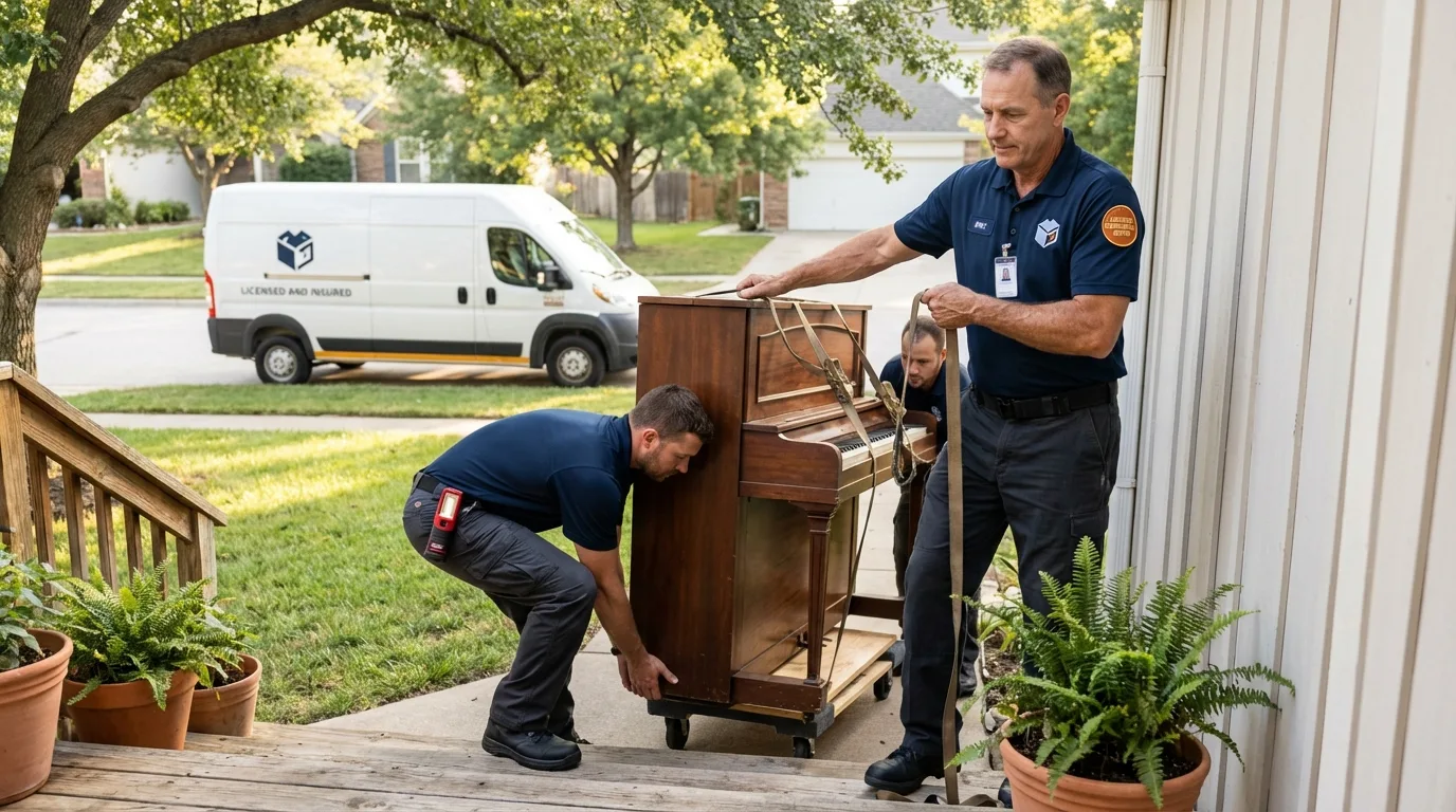 Licensed piano movers securing grand piano in Winterset, IA