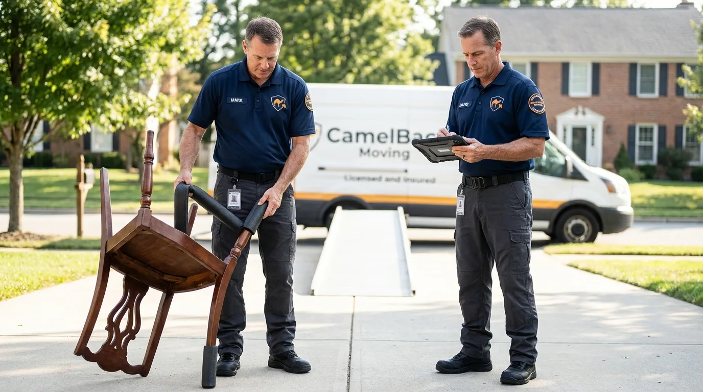 Movers inspecting furniture for damage prevention before loading in Winterset, IA